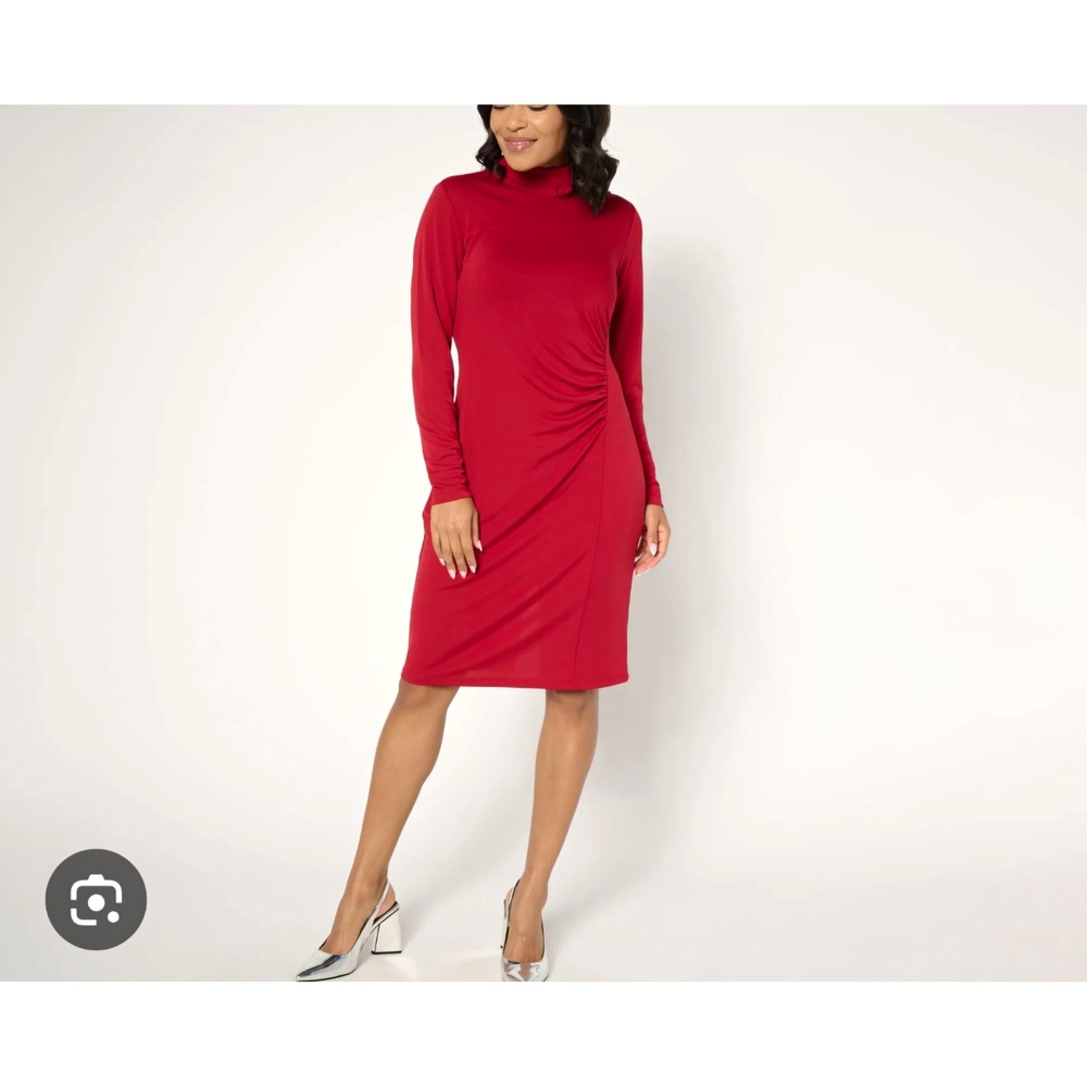 Susan Graver Red Knit Mock Neck Ruched Long Sleeve Sheath Dress XL
